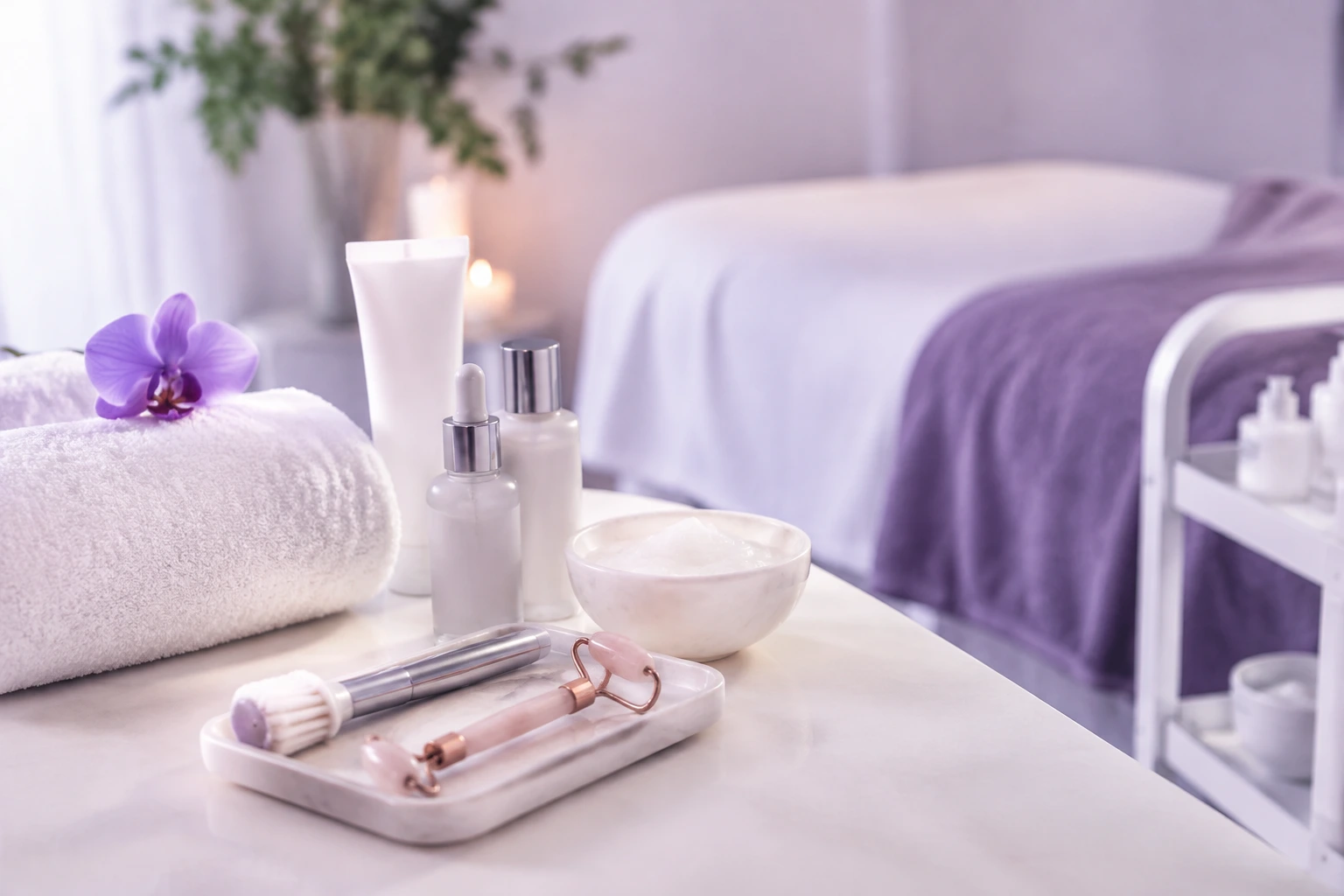 Produits de soin, serviette et orchidée dans un institut de beauté