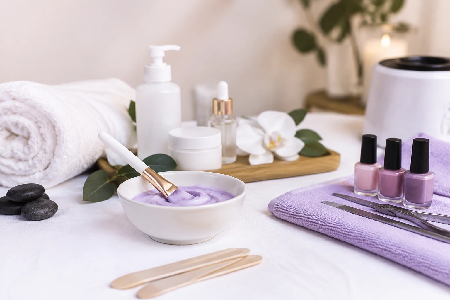 Produits et accessoires de soins esthétiques disposés avec une serviette mauve