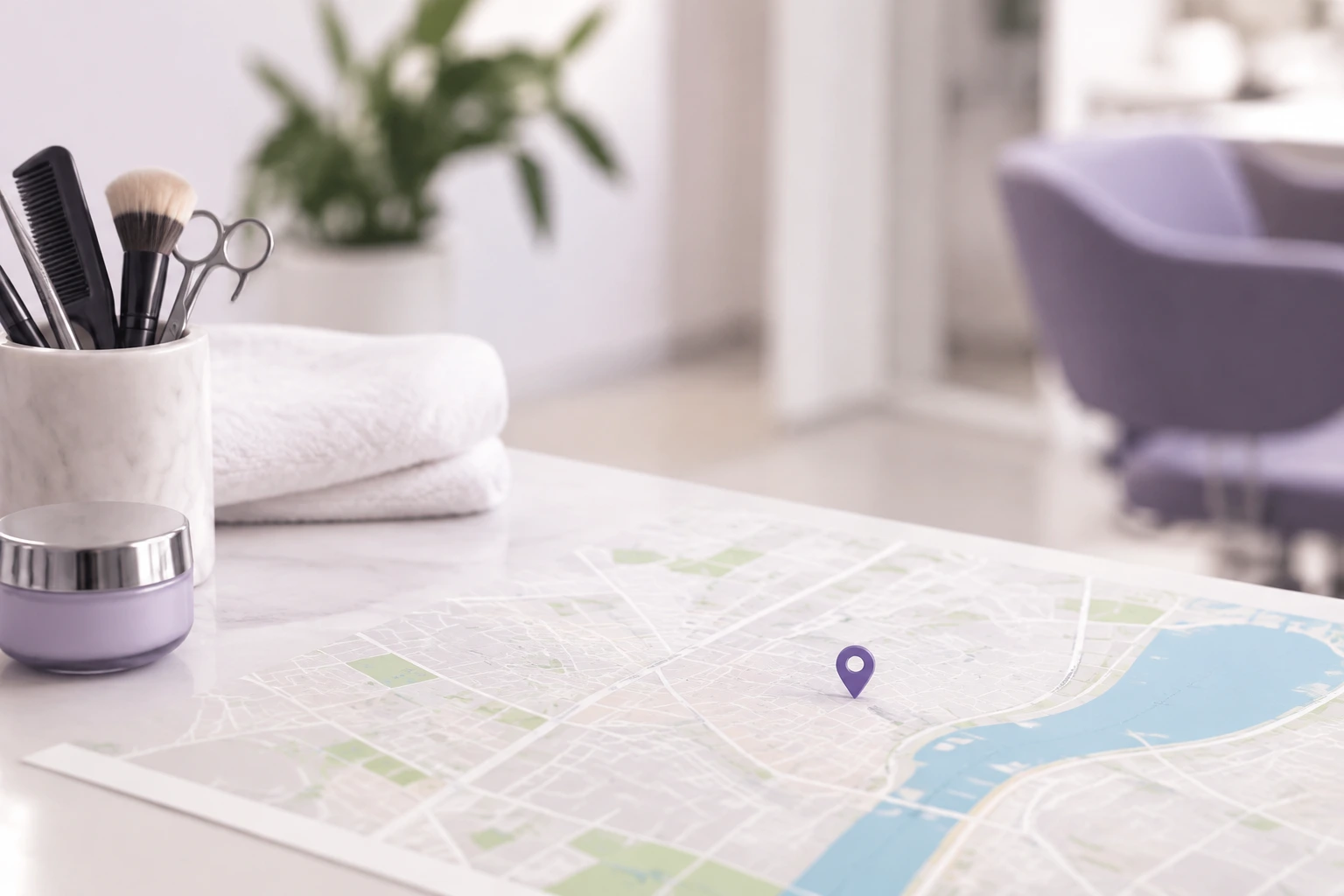 Espace beauté avec une carte indiquant un emplacement